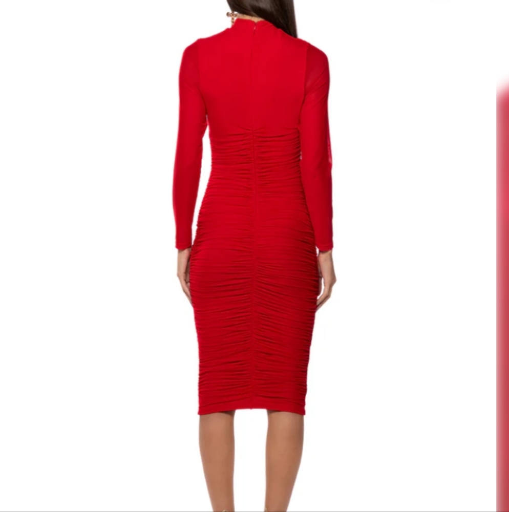 AKIRA Red Long Sleeve Ruched Midi Dress - Picture 4 of 9